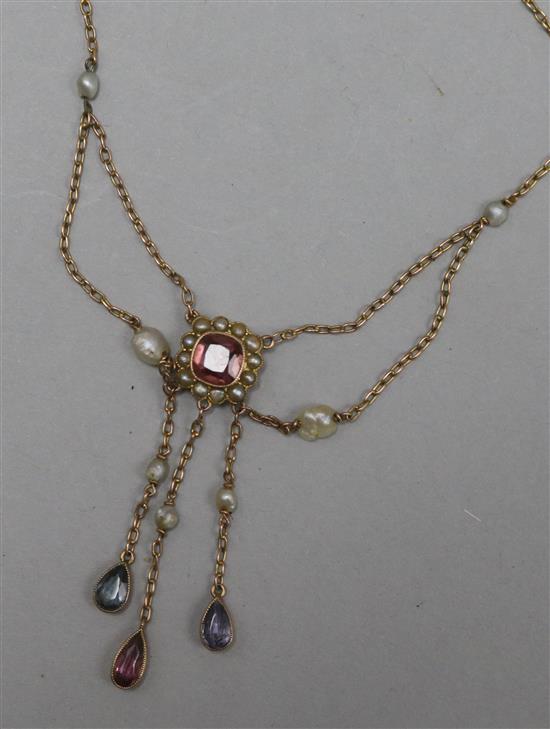 A late Victorian gold, baroque pearl and gem set drop necklace, 48cm.